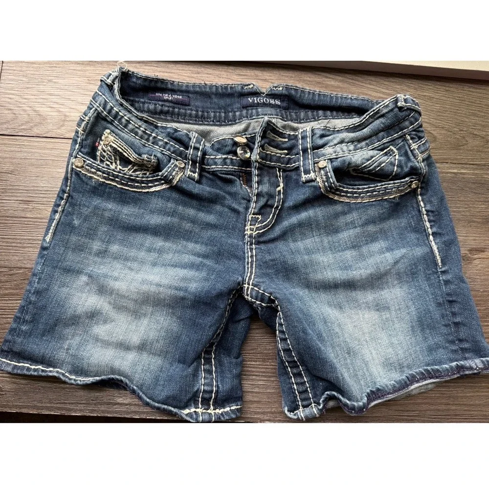 Vigoss The New York Short Denim Shorts Medium Wash Stitch Embellished size 3/4